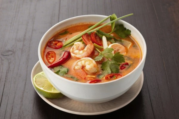 Cazuela de mariscos con leche de coco y tostada de plátano