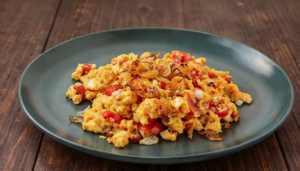 Huevos revueltos con cebolla, tomate
