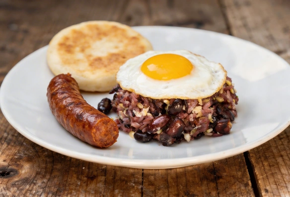 Calentado de Frijoles con arepa y chocolate santafereño